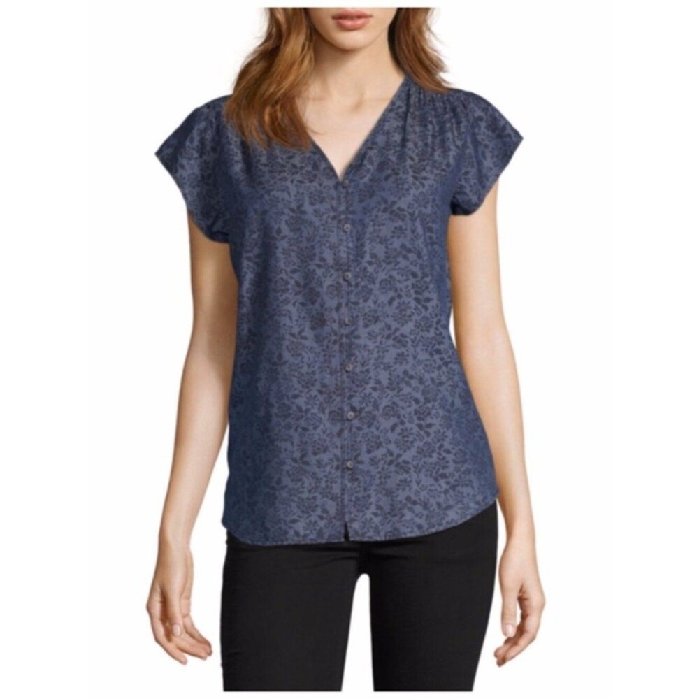Liz Claiborne V-neck Button Up Floral Print Denim Blouse Size Medium
